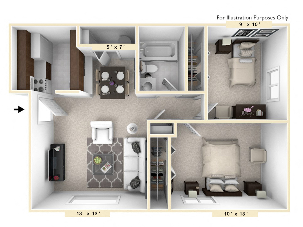 Floor plan for 2 beds, 1 bath, 678 sqft